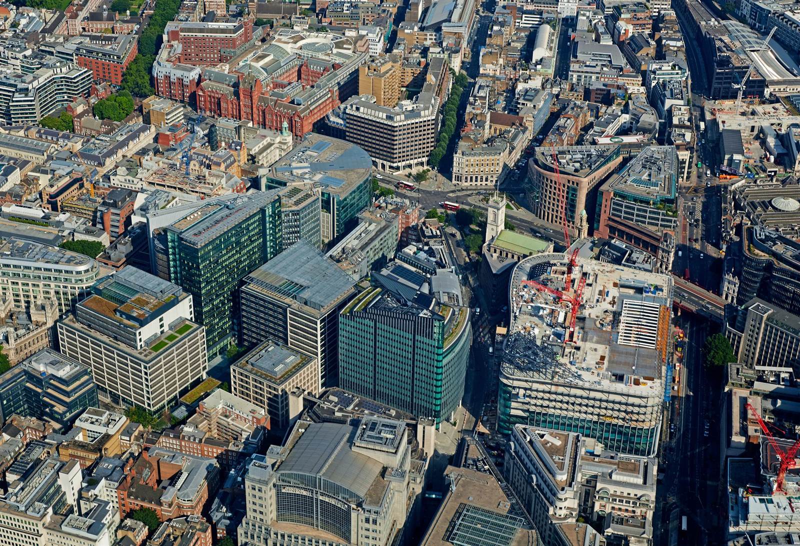 Aerial view of the City of London — the dense built environment of commercial assets OBSERV3D surveys and digitises